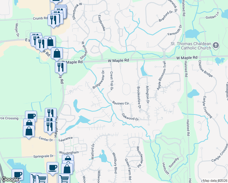 map of restaurants, bars, coffee shops, grocery stores, and more near 6598 Crest Top Drive in West Bloomfield Township