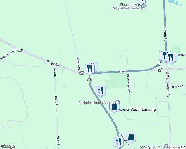 map of restaurants, bars, coffee shops, grocery stores, and more near 2079 East Shore Drive in Lansing