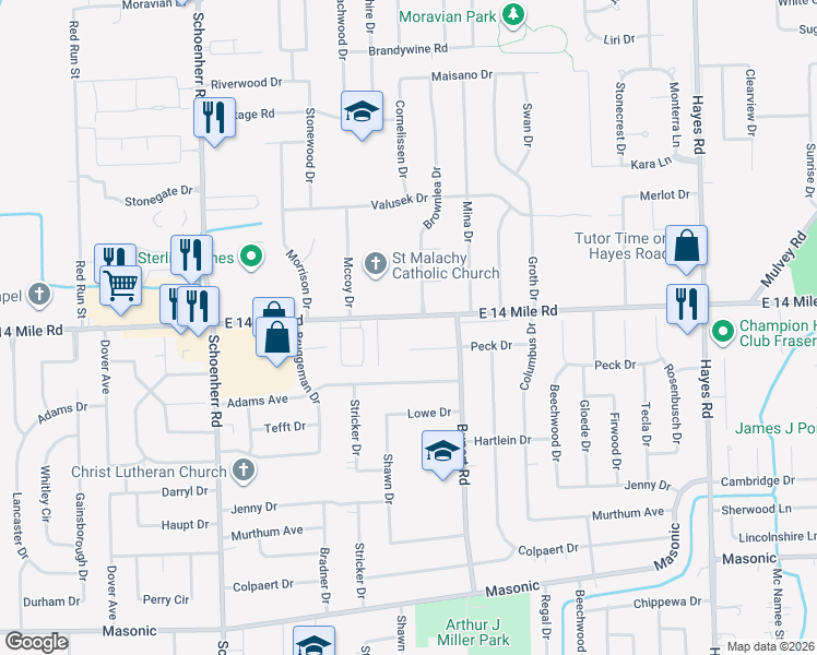 map of restaurants, bars, coffee shops, grocery stores, and more near 33005 Brownlea Drive in Sterling Heights