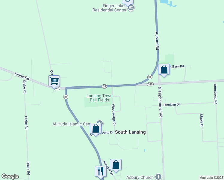 map of restaurants, bars, coffee shops, grocery stores, and more near 34 Woodsedge Drive in Lansing