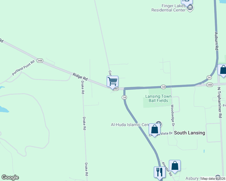 map of restaurants, bars, coffee shops, grocery stores, and more near 15 Ridge Road in Lansing