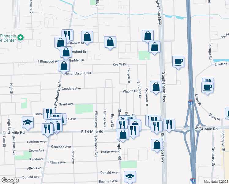 map of restaurants, bars, coffee shops, grocery stores, and more near 1259 Gordon Court in Clawson