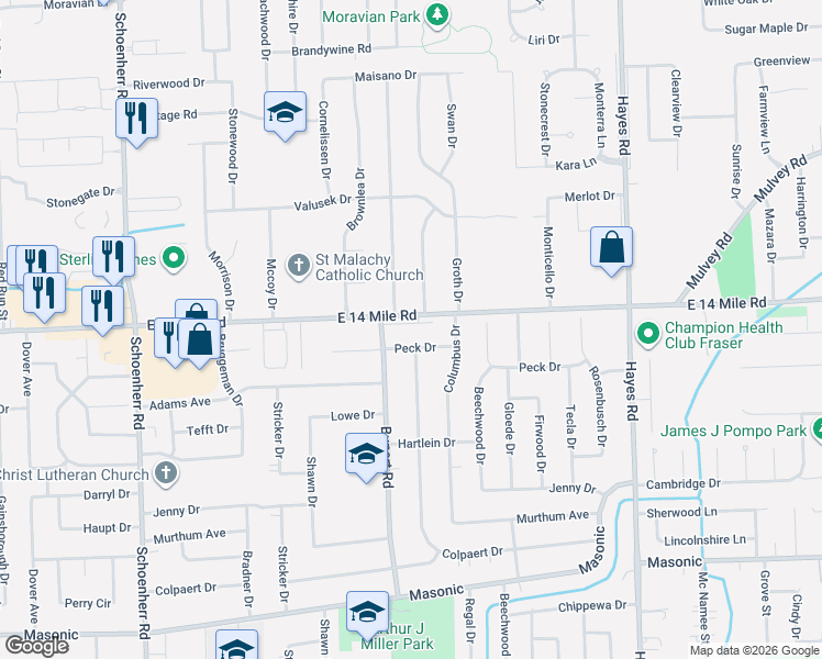 map of restaurants, bars, coffee shops, grocery stores, and more near 33004 Mina Drive in Sterling Heights