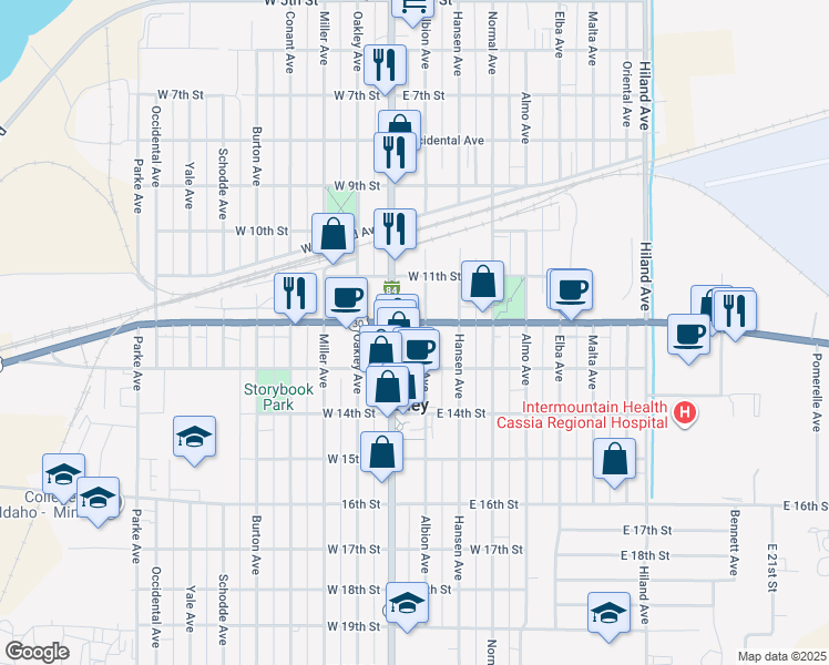 map of restaurants, bars, coffee shops, grocery stores, and more near 112 East Main Street in Burley