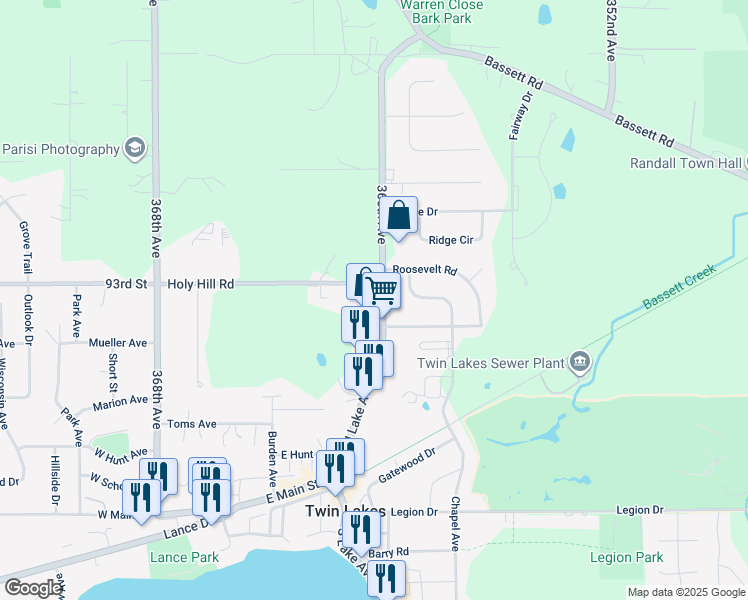 map of restaurants, bars, coffee shops, grocery stores, and more near 700 North Lake Avenue in Twin Lakes
