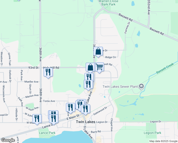 map of restaurants, bars, coffee shops, grocery stores, and more near 701 North Lake Avenue in Twin Lakes