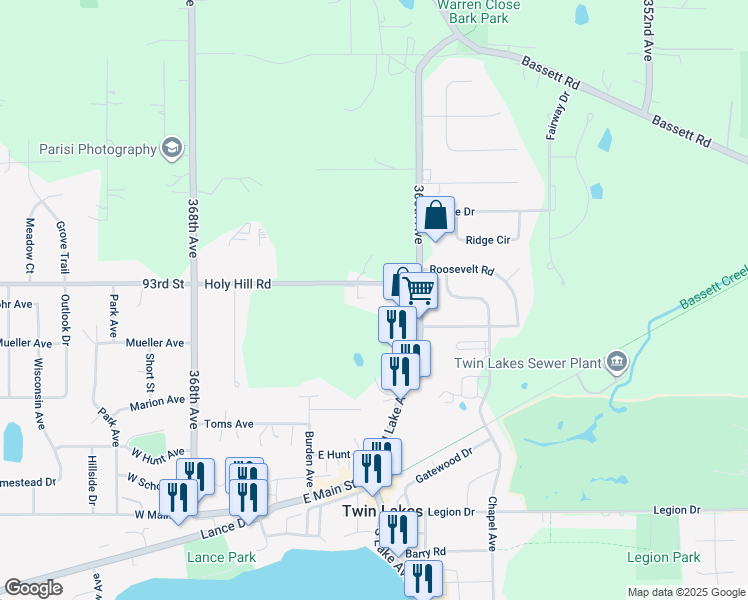 map of restaurants, bars, coffee shops, grocery stores, and more near 701 North Lake Avenue in Twin Lakes