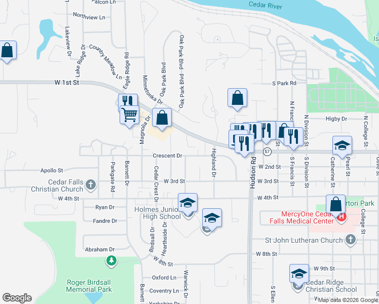 map of restaurants, bars, coffee shops, grocery stores, and more near 2122-2124 West 1st Street in Cedar Falls