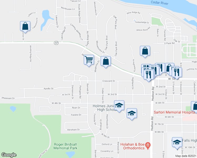 map of restaurants, bars, coffee shops, grocery stores, and more near 2305 Crescent Drive in Cedar Falls