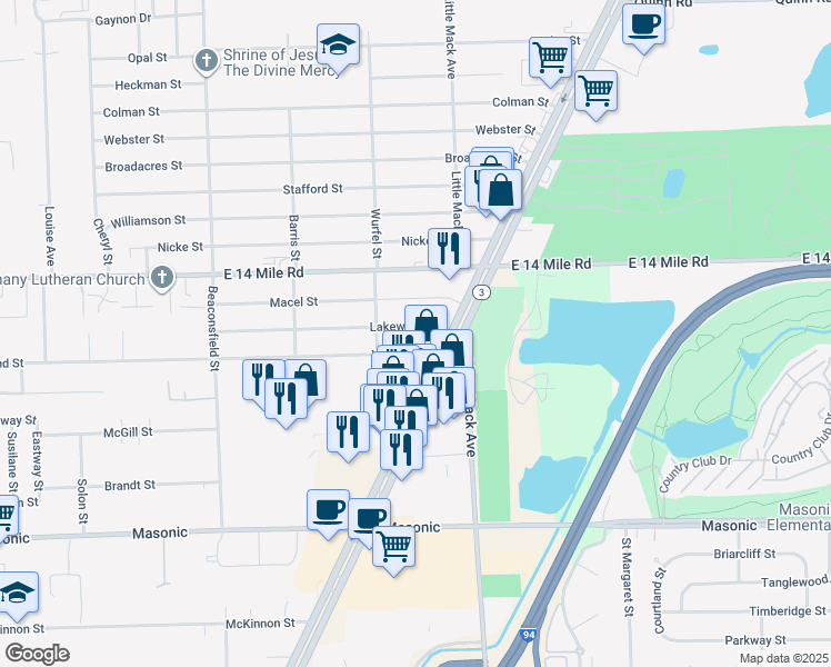 map of restaurants, bars, coffee shops, grocery stores, and more near 20428 Lakeworth Street in Roseville