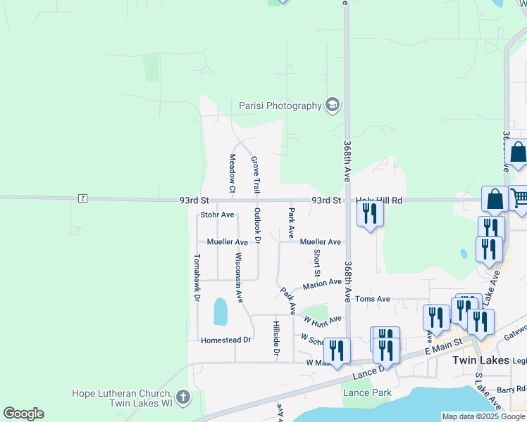 map of restaurants, bars, coffee shops, grocery stores, and more near 333 County Highway Z in Twin Lakes