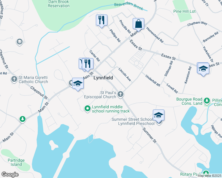 map of restaurants, bars, coffee shops, grocery stores, and more near 9 Parsons Avenue in Lynnfield