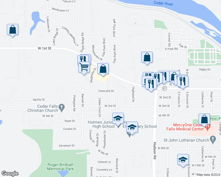 map of restaurants, bars, coffee shops, grocery stores, and more near 2207 Crescent Drive in Cedar Falls