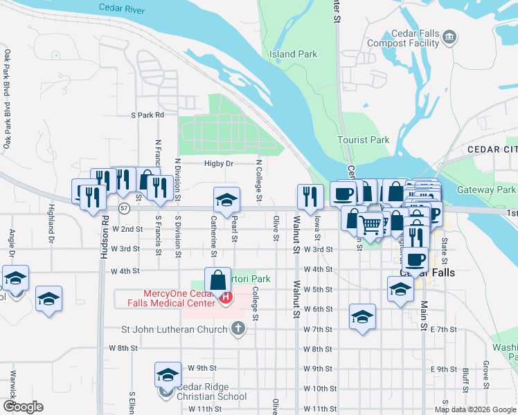 map of restaurants, bars, coffee shops, grocery stores, and more near 301 North College Street in Cedar Falls
