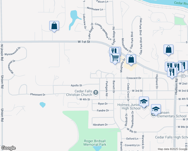 map of restaurants, bars, coffee shops, grocery stores, and more near 2207 Thunder Ridge Boulevard in Cedar Falls