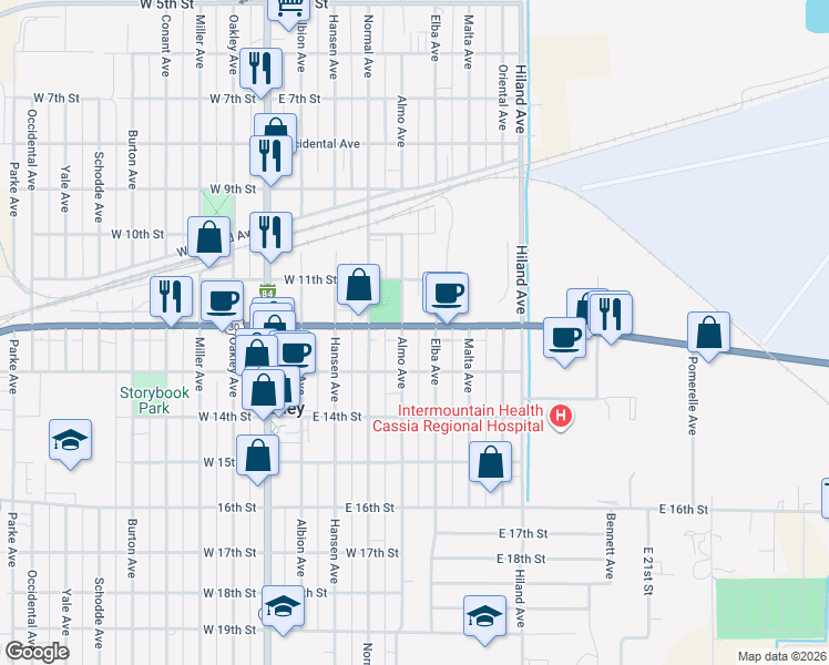 map of restaurants, bars, coffee shops, grocery stores, and more near 1134 Elba Avenue in Burley
