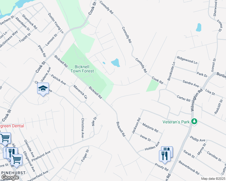 map of restaurants, bars, coffee shops, grocery stores, and more near 18 Olney Street in Billerica