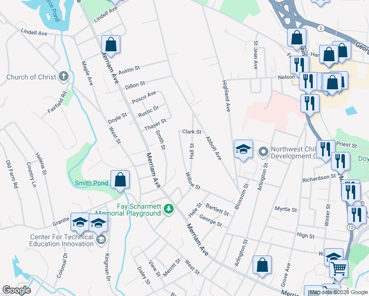 map of restaurants, bars, coffee shops, grocery stores, and more near 165 Willow Street in Leominster