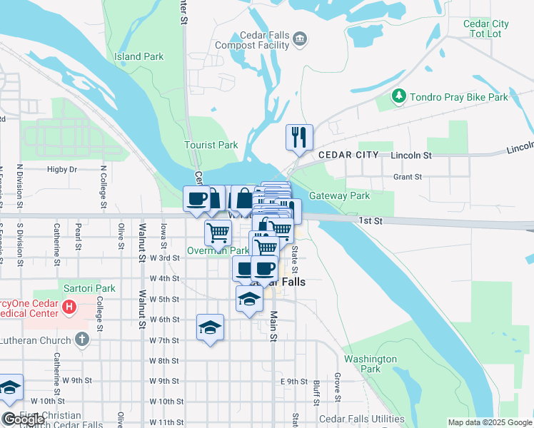 map of restaurants, bars, coffee shops, grocery stores, and more near 205 West 1st Street in Cedar Falls