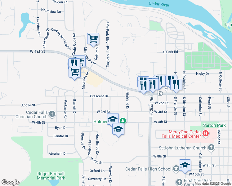 map of restaurants, bars, coffee shops, grocery stores, and more near 2122-2124 West 1st Street in Cedar Falls
