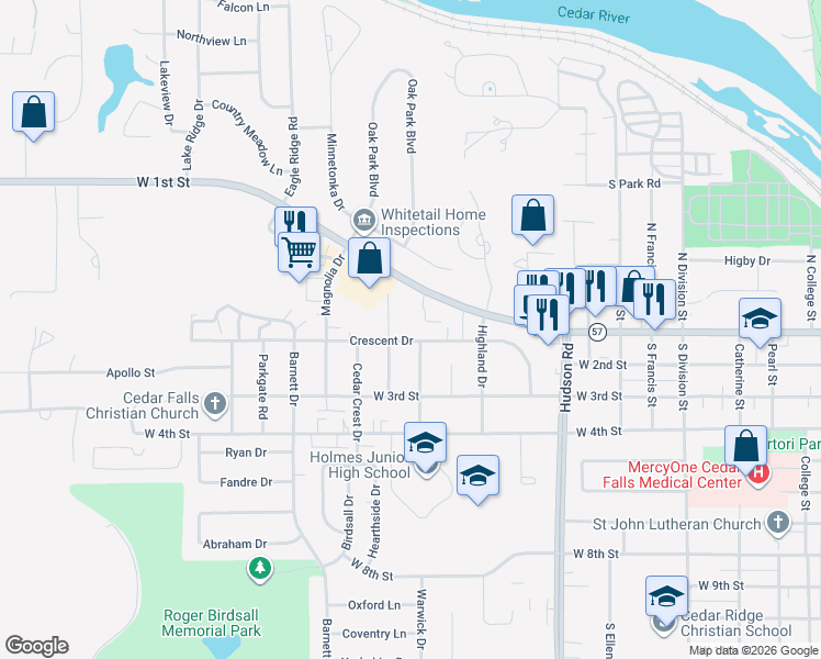 map of restaurants, bars, coffee shops, grocery stores, and more near 123-207 Brentwood Drive in Cedar Falls