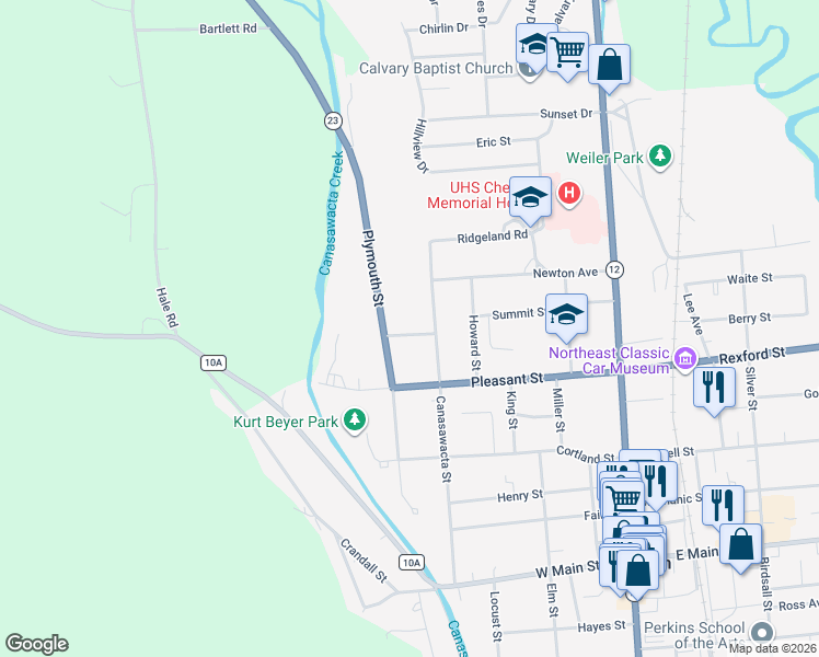 map of restaurants, bars, coffee shops, grocery stores, and more near 105 Canasawacta St in Norwich