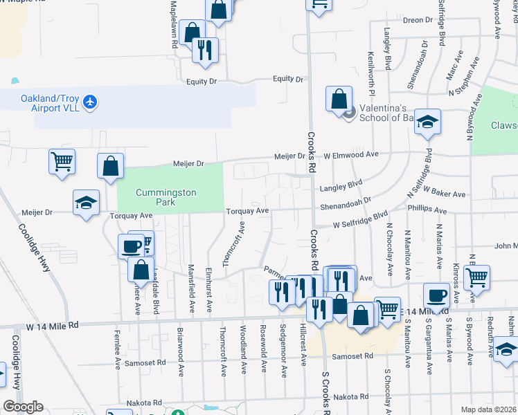 map of restaurants, bars, coffee shops, grocery stores, and more near 1960 Torquay Avenue in Royal Oak