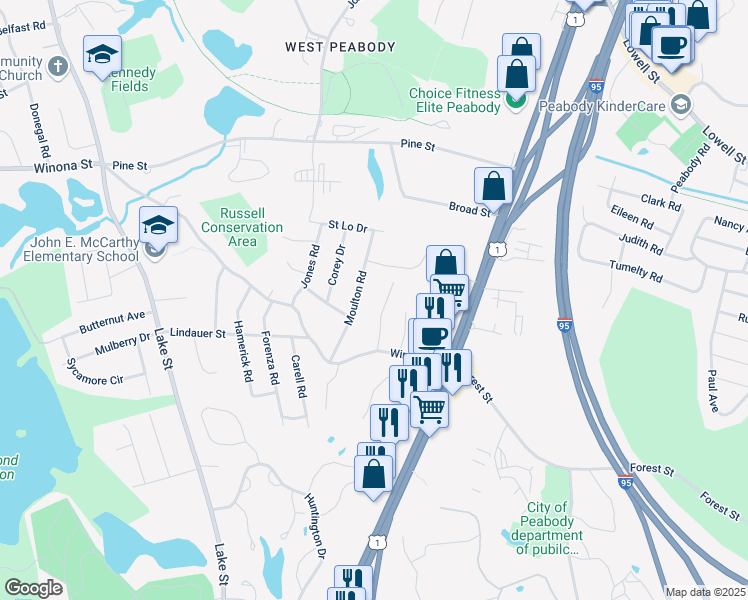 map of restaurants, bars, coffee shops, grocery stores, and more near 12 Anderson Street in Peabody