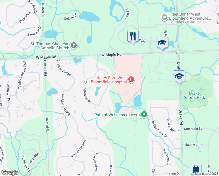 map of restaurants, bars, coffee shops, grocery stores, and more near 6845 Carrington Circle West in West Bloomfield Township