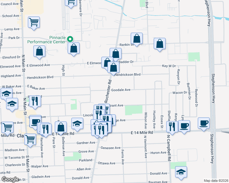 map of restaurants, bars, coffee shops, grocery stores, and more near 800 Goodale Avenue in Clawson