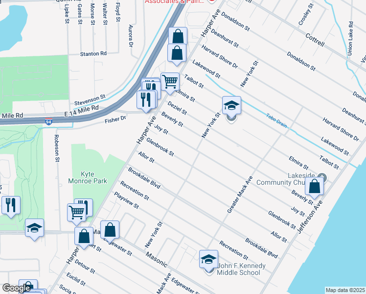 map of restaurants, bars, coffee shops, grocery stores, and more near 23113 Joy Street in St. Clair Shores