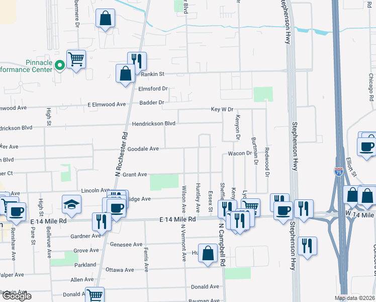 map of restaurants, bars, coffee shops, grocery stores, and more near 1165 Gordon Court in Clawson