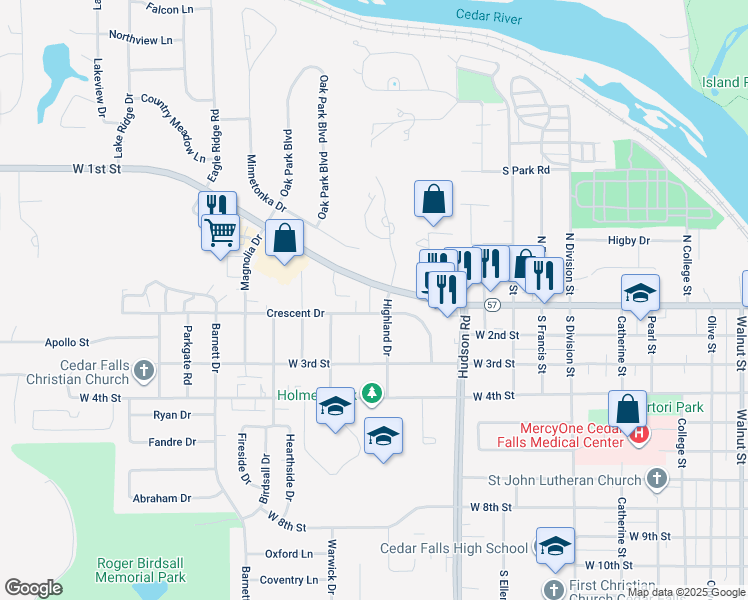 map of restaurants, bars, coffee shops, grocery stores, and more near 2006 West 1st Street in Cedar Falls