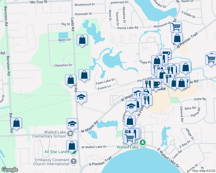 map of restaurants, bars, coffee shops, grocery stores, and more near Forest Lane in Walled Lake