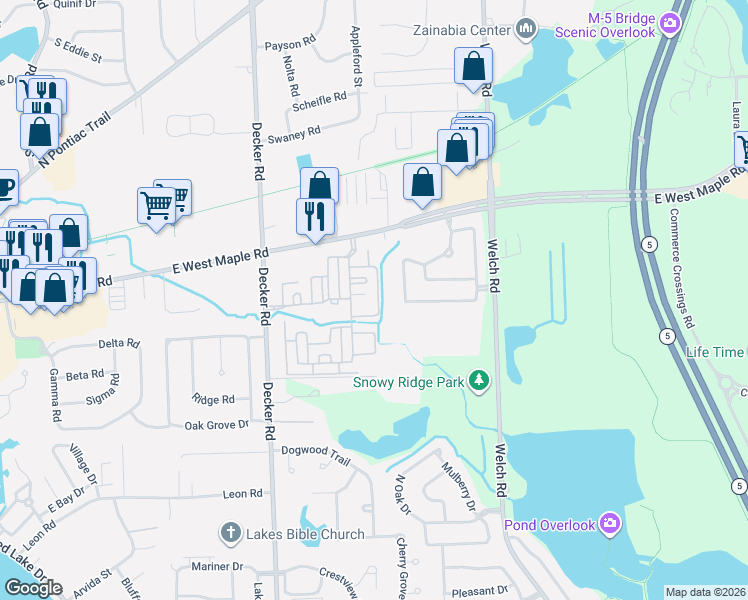 map of restaurants, bars, coffee shops, grocery stores, and more near 17101 Caitlin Circle in Commerce Charter Township