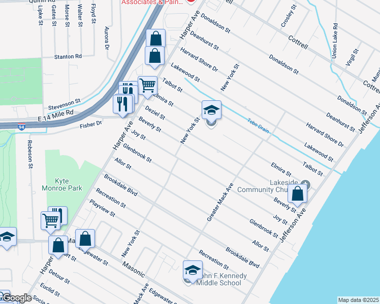 map of restaurants, bars, coffee shops, grocery stores, and more near 23220 Beverly Street in St. Clair Shores