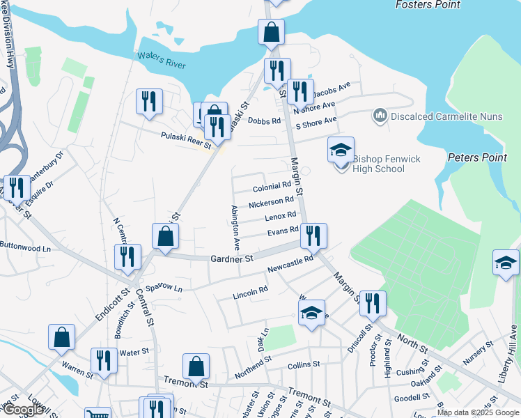 map of restaurants, bars, coffee shops, grocery stores, and more near 29 Nickerson Road in Peabody