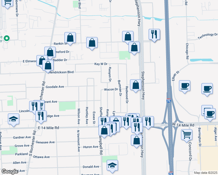 map of restaurants, bars, coffee shops, grocery stores, and more near 1401 Wacon Drive in Troy