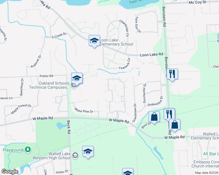 map of restaurants, bars, coffee shops, grocery stores, and more near 18208 Chesapeake Circle in Commerce Charter Township