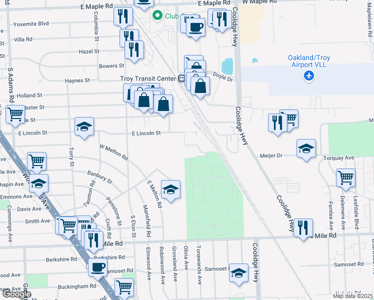 map of restaurants, bars, coffee shops, grocery stores, and more near 2410 East Lincoln Street in Birmingham