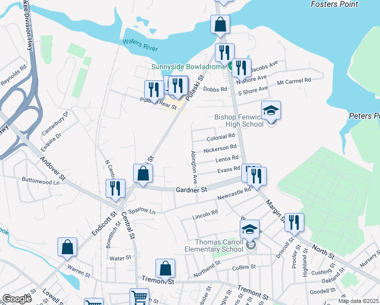 map of restaurants, bars, coffee shops, grocery stores, and more near 38 Abington Avenue in Peabody