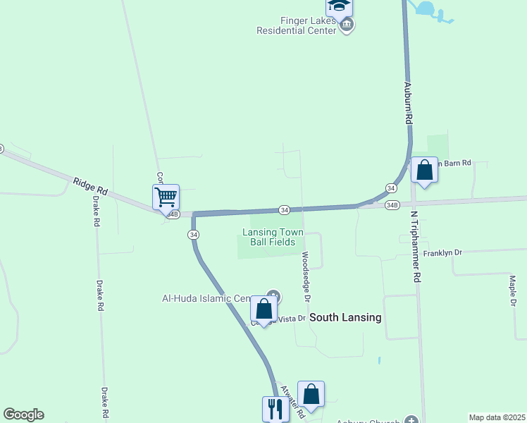 map of restaurants, bars, coffee shops, grocery stores, and more near 38-74 Auburn Road in Lansing
