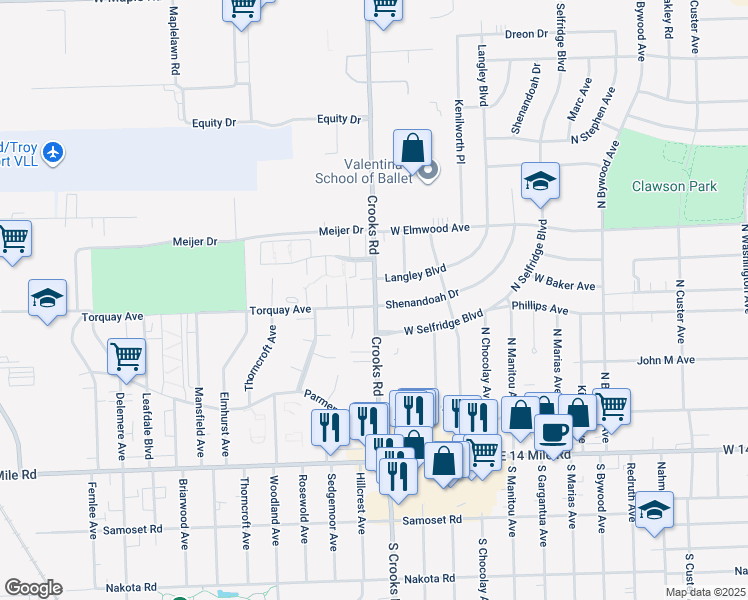 map of restaurants, bars, coffee shops, grocery stores, and more near 730 North Crooks Road in Clawson
