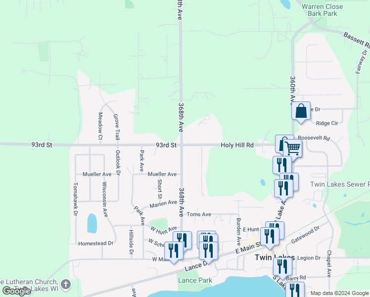 map of restaurants, bars, coffee shops, grocery stores, and more near 700 Burlington Avenue in Twin Lakes