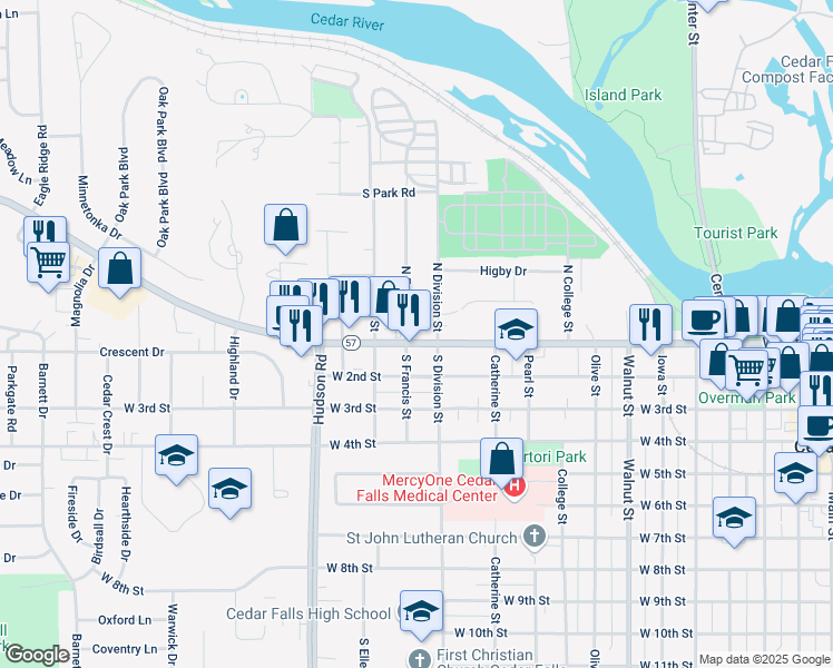 map of restaurants, bars, coffee shops, grocery stores, and more near 1322 Parkway Avenue in Cedar Falls