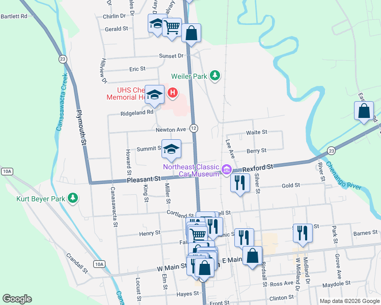 map of restaurants, bars, coffee shops, grocery stores, and more near 133 S Broad St in Norwich