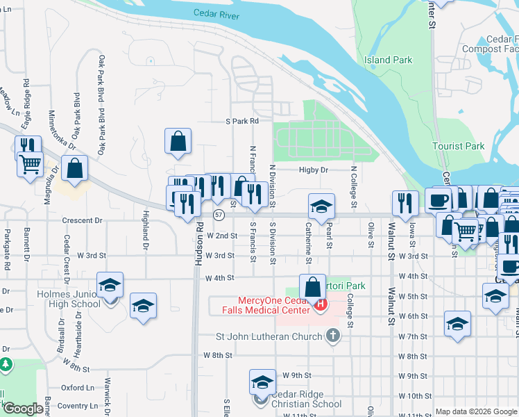 map of restaurants, bars, coffee shops, grocery stores, and more near 1322 Parkway Avenue in Cedar Falls
