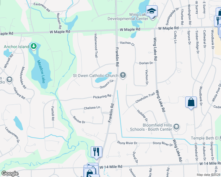 map of restaurants, bars, coffee shops, grocery stores, and more near 6861 Orinoco Circle in Bloomfield Hills