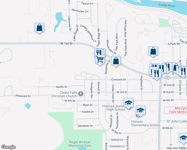 map of restaurants, bars, coffee shops, grocery stores, and more near 2206 Thunder Ridge Boulevard in Cedar Falls
