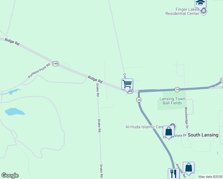 map of restaurants, bars, coffee shops, grocery stores, and more near 47 Ridge Road in Lansing